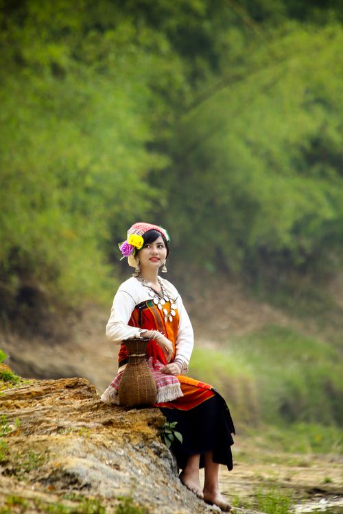 Free A woman in traditional attire with a pot on a grassy outdoor location, evoking cultural and natural themes. Stock Photo