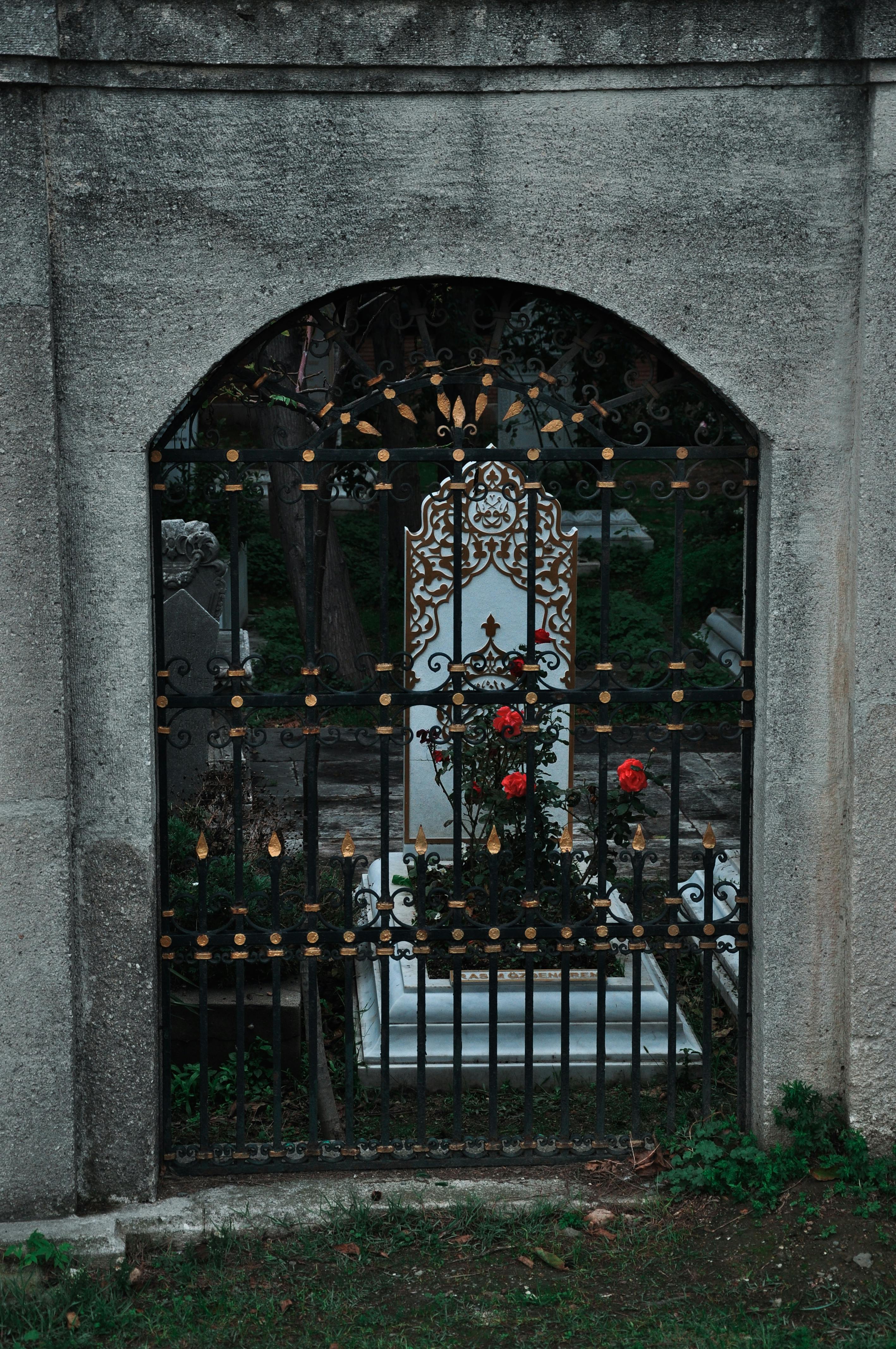 A tombstone adorned with roses viewed through a decorative iron gate in an old cemetery.