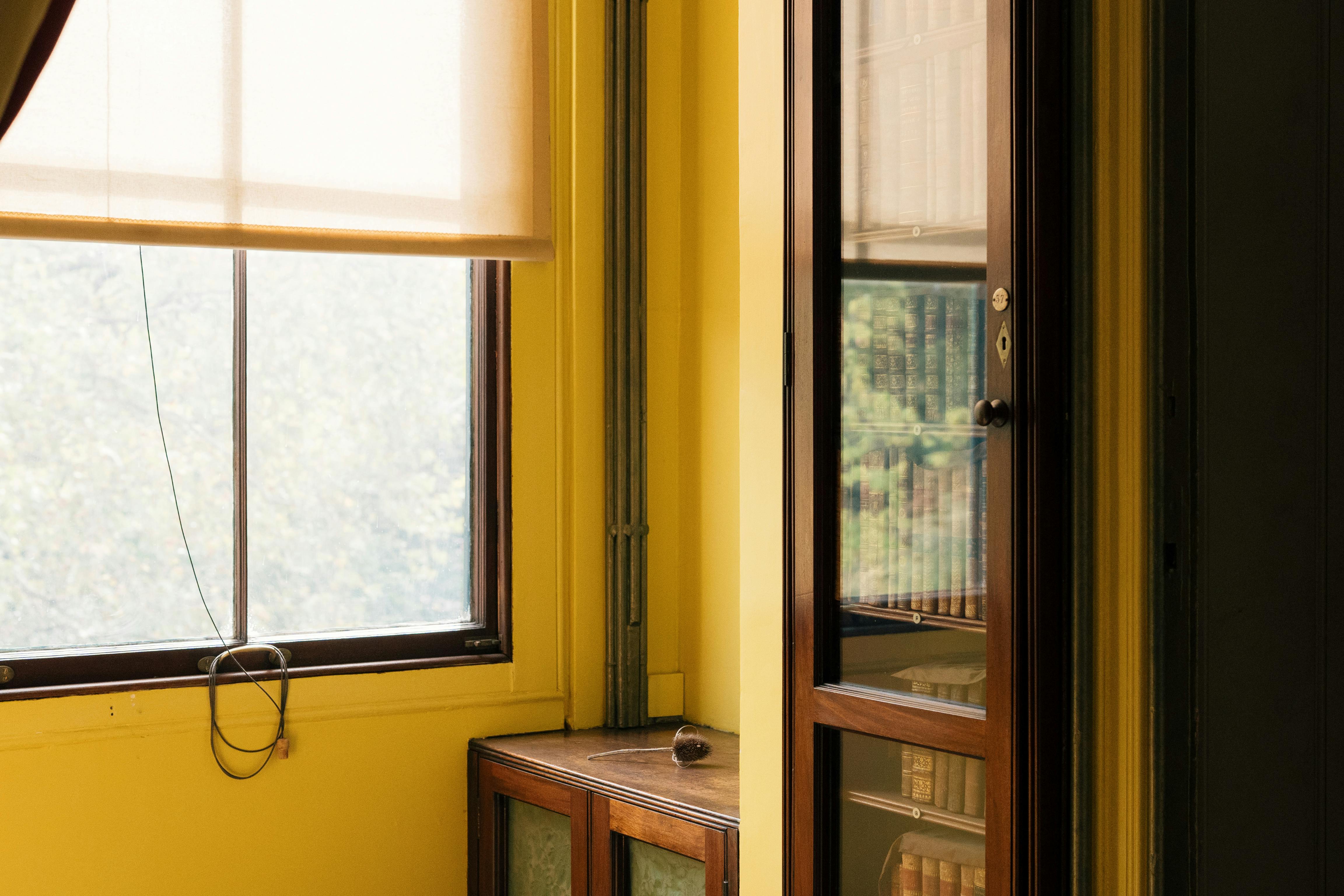 Gratuit Un colț de bibliotecă liniștit, cu o fereastră scăldată în soare, pereți galbeni și rafturi de cărți din lemn, perfect pentru citit. Fotografie de stoc