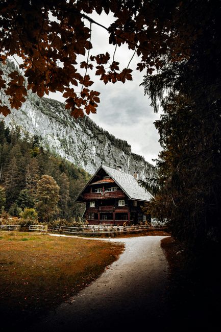 A picturesque rustic cabin nestled in the Austrian mountains surrounded by autumn foliage.