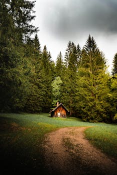 Rustic wooden cabin surrounded by lush autumn forest in Austria, perfect for a wilderness escape.