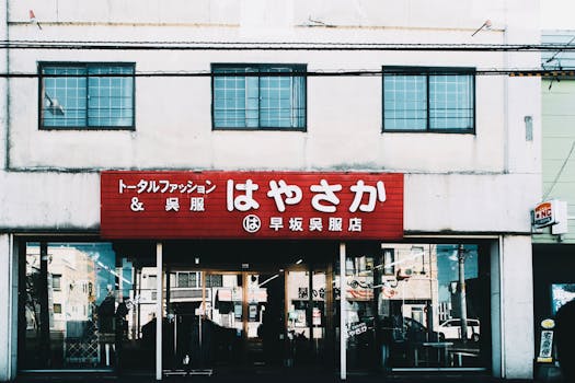 Street view of a Japanese clothing shop with a prominent red sign and glass windows.