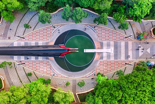 Free A stunning aerial view of a modern park in Jakarta, showcasing unique architecture and lush greenery. Stock Photo