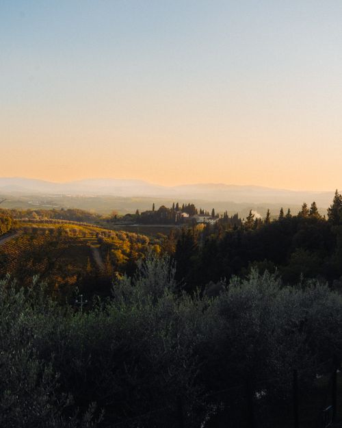 Free Beautiful sunset view over the rolling hills and vineyards of Tuscany, Italy. Stock Photo