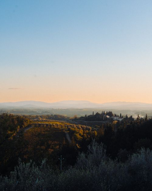 Free Explore the serene beauty of Tuscany with rolling hills and vineyards under a golden sunset. Stock Photo