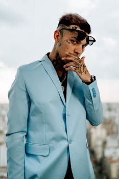 A fashionable tattooed man poses in a light blue suit against an outdoor urban backdrop.