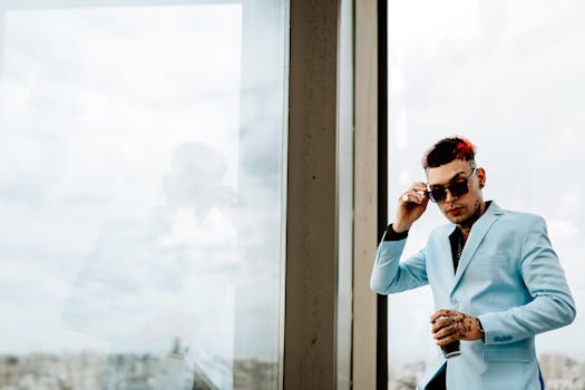 A fashionable young man in a blue suit adjusts his sunglasses by a window with a city view in Buenos Aires.