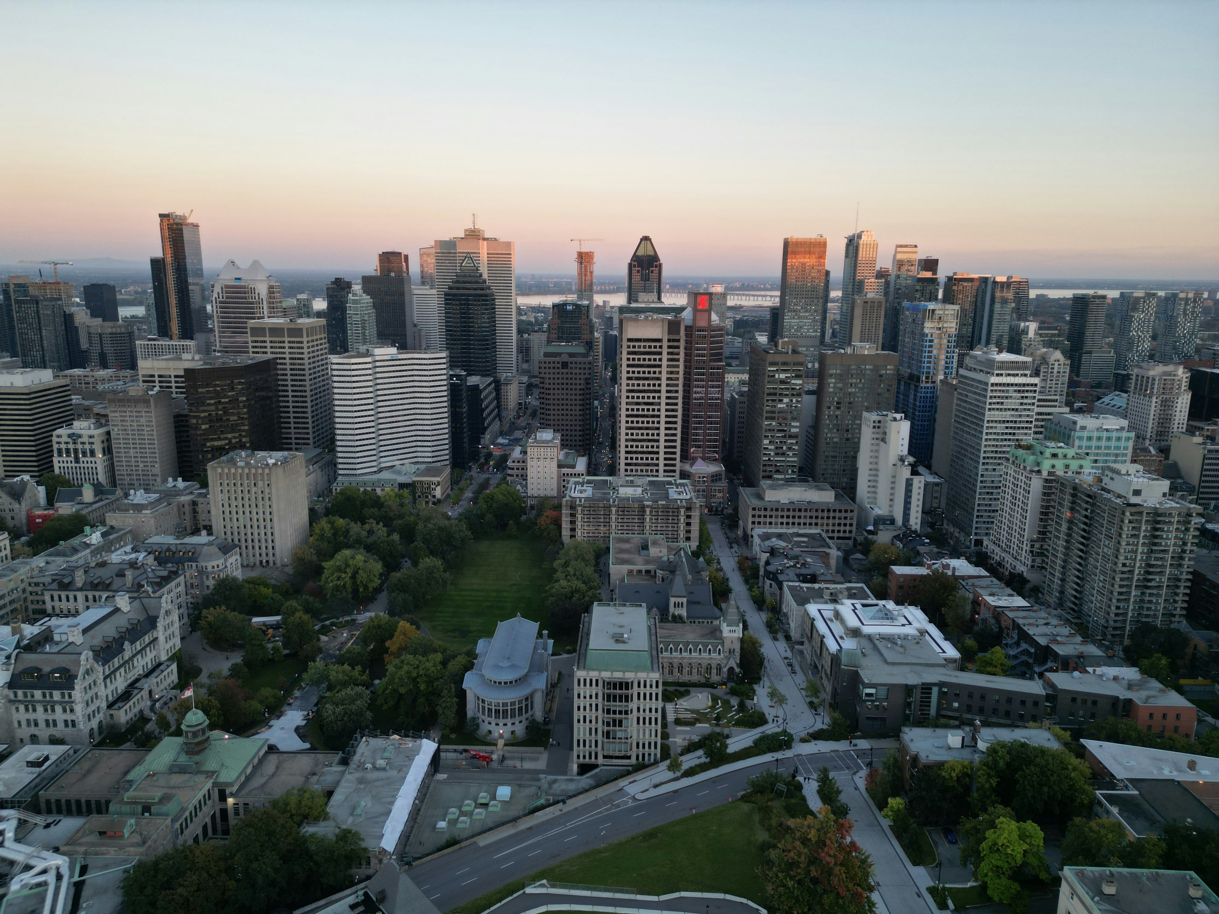 Aerial view of the Montreal skyline at sunset