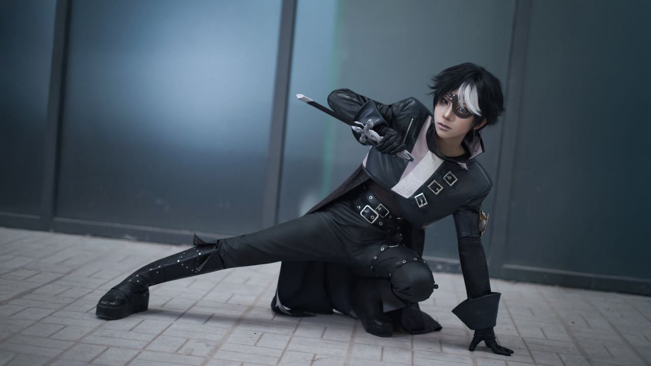 a captivating cosplay portrait featuring a character in dramatic pose