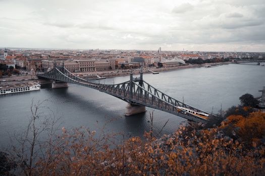 A scenic view of Liberty Bridge spanning the Danube River in autumn with Budapest cityscape backdrop.