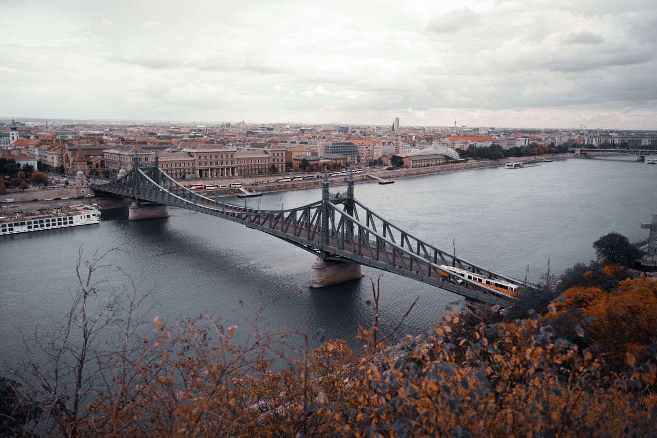 a scenic view of liberty bridge spanning the danube river in autumn wi
