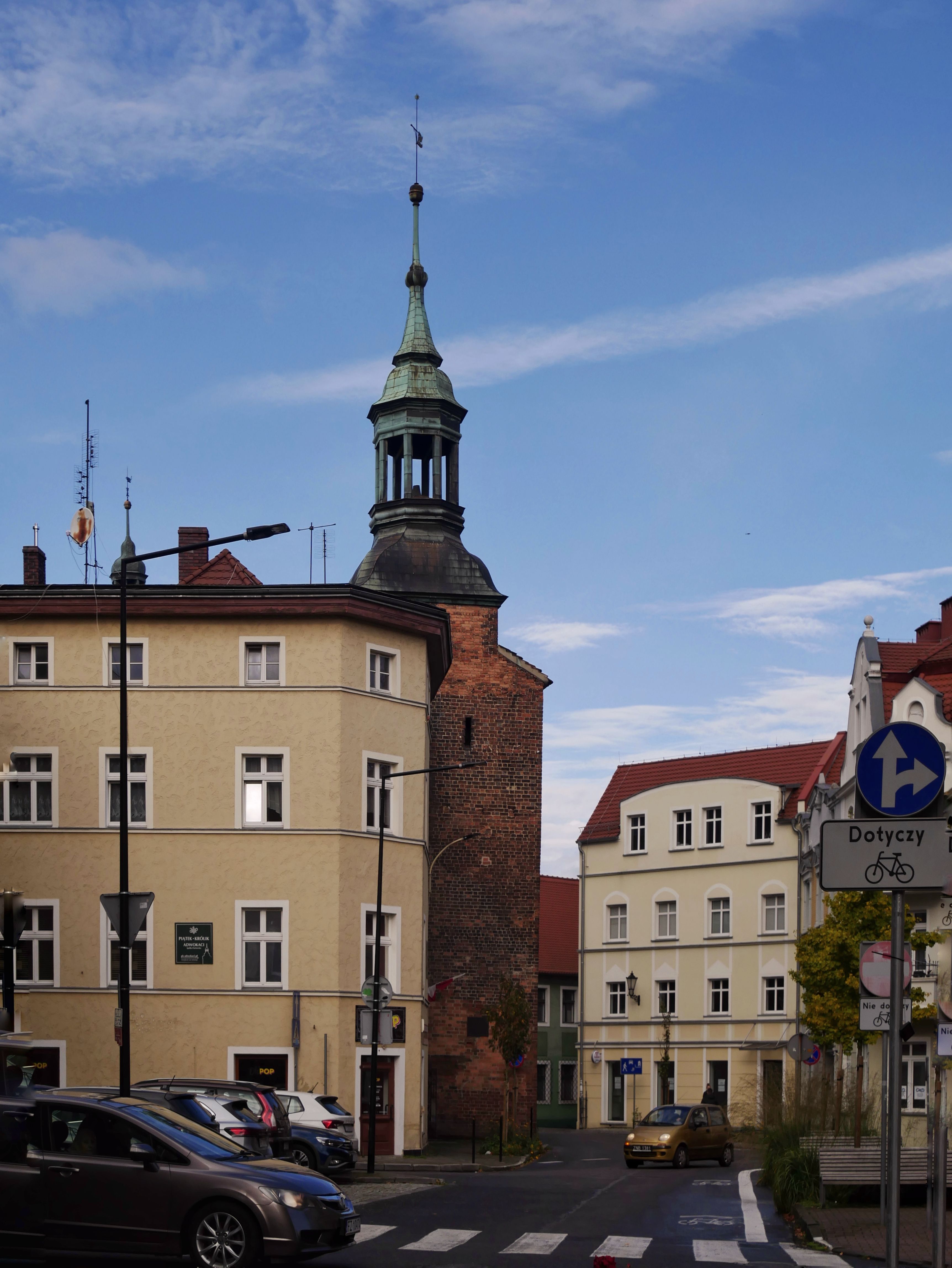 Charming streetscape featuring historic buildings in Zielona Góra, Poland.