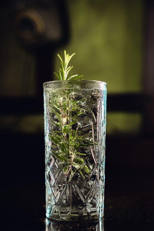 Free Close-up of a delicate rosemary sprig in an intricately designed crystal glass against a dark background. Stock Photo