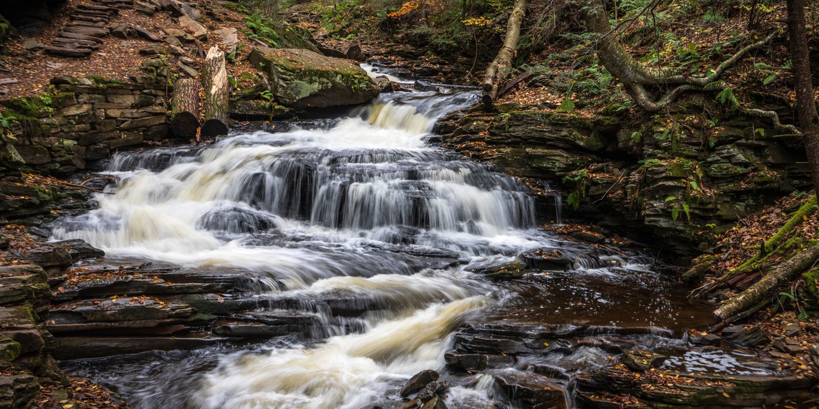 A waterfall cascading through an autumn forest near Davis