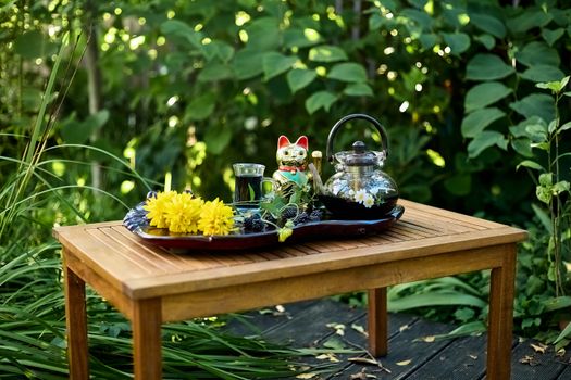 Beautiful tea set with glass teapot and lucky cat figurine on wooden table outdoors.
