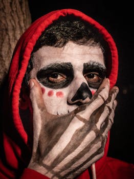 Close-up portrait of a person in skull Halloween makeup wearing a red hoodie.