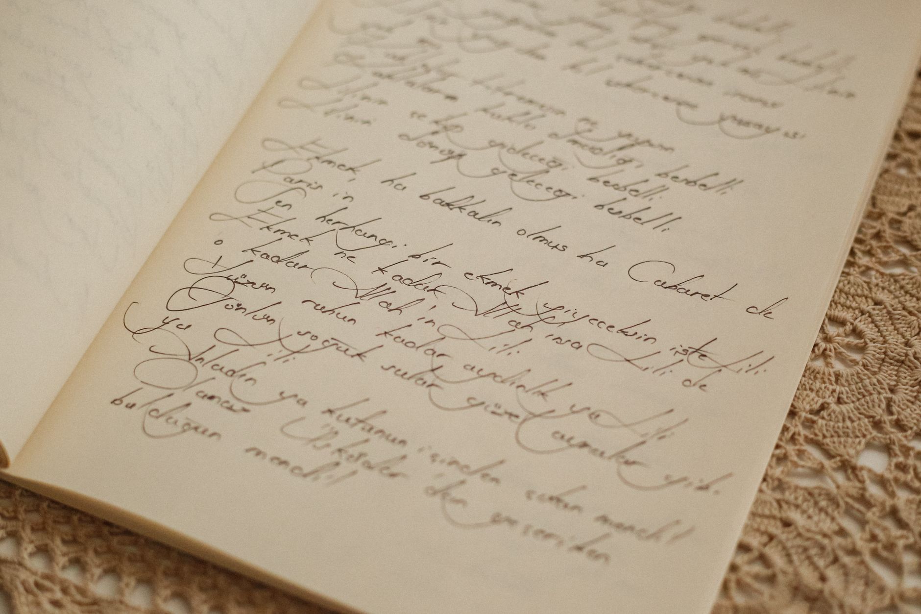 Close-up of a vintage journal with elegant cursive handwriting, placed on a lace tablecloth, embodying nostalgia.