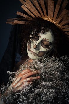 A woman with Day of the Dead skull makeup holding flowers, evoking a mysterious and artistic ambiance.