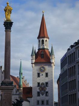 View of the historic Old Town Hall tower in Munich, Germany.