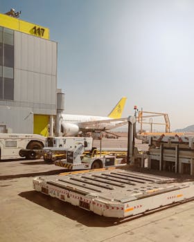 An airplane parked at an airport gate with luggage handling equipment visible on a sunny day.