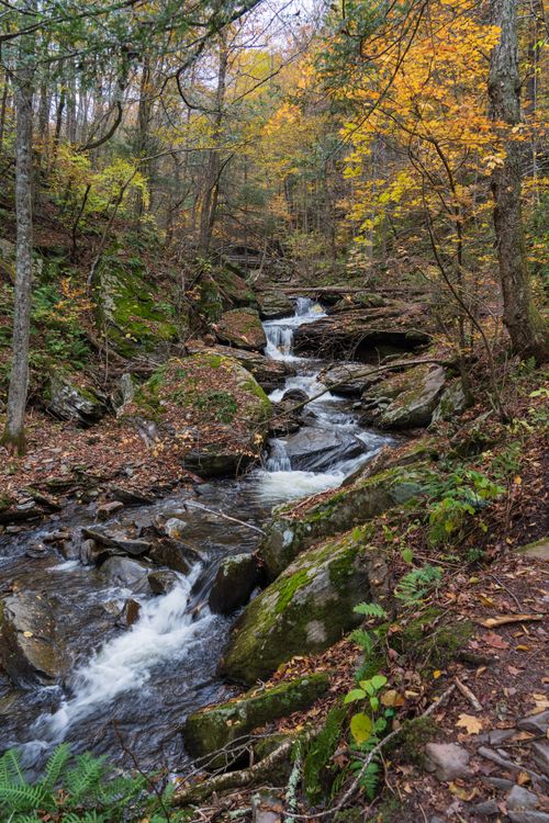 Free A picturesque waterfall cascades through a vibrant autumn forest in Benton, PA. Stock Photo