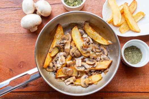 A delicious pan of sautéed mushrooms and potato wedges, perfect for a healthy meal.