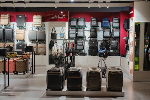 Elegant luggage display in a premium Doha airport shop, Qatar.