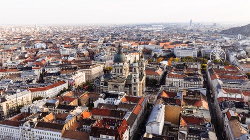Free Captivating aerial view of Budapest featuring St. Stephen's Basilica and surrounding architecture. Stock Photo