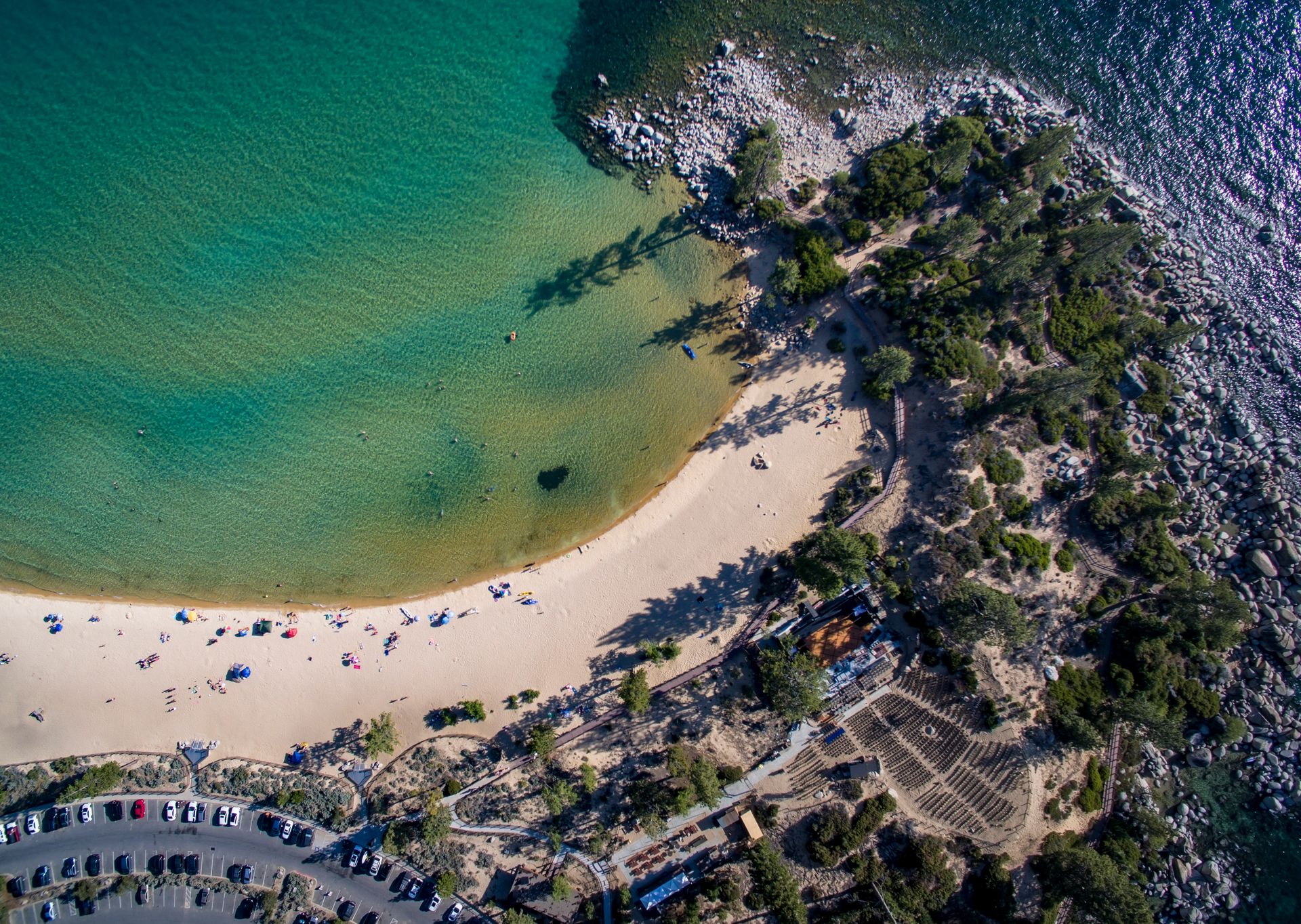 Aerial drone view of Sand Harbor Beach on the Nevada side of Lake Tahoe
