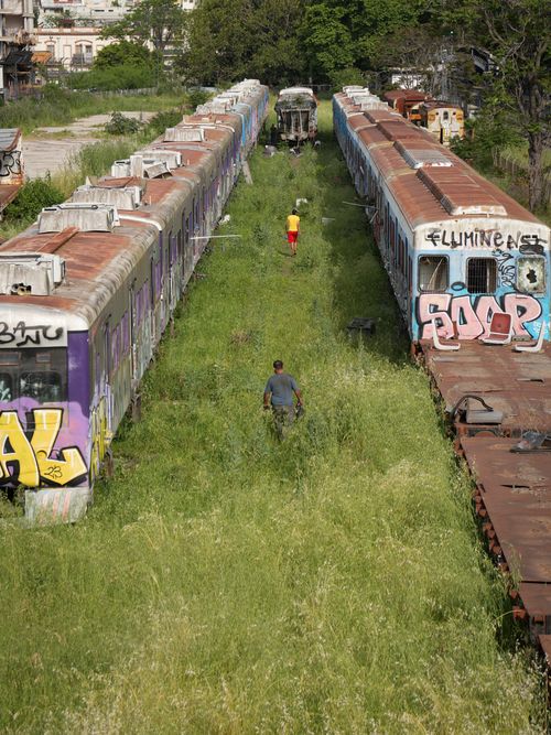 Free Abandoned trains with graffiti surrounded by nature, people exploring the scene. Stock Photo