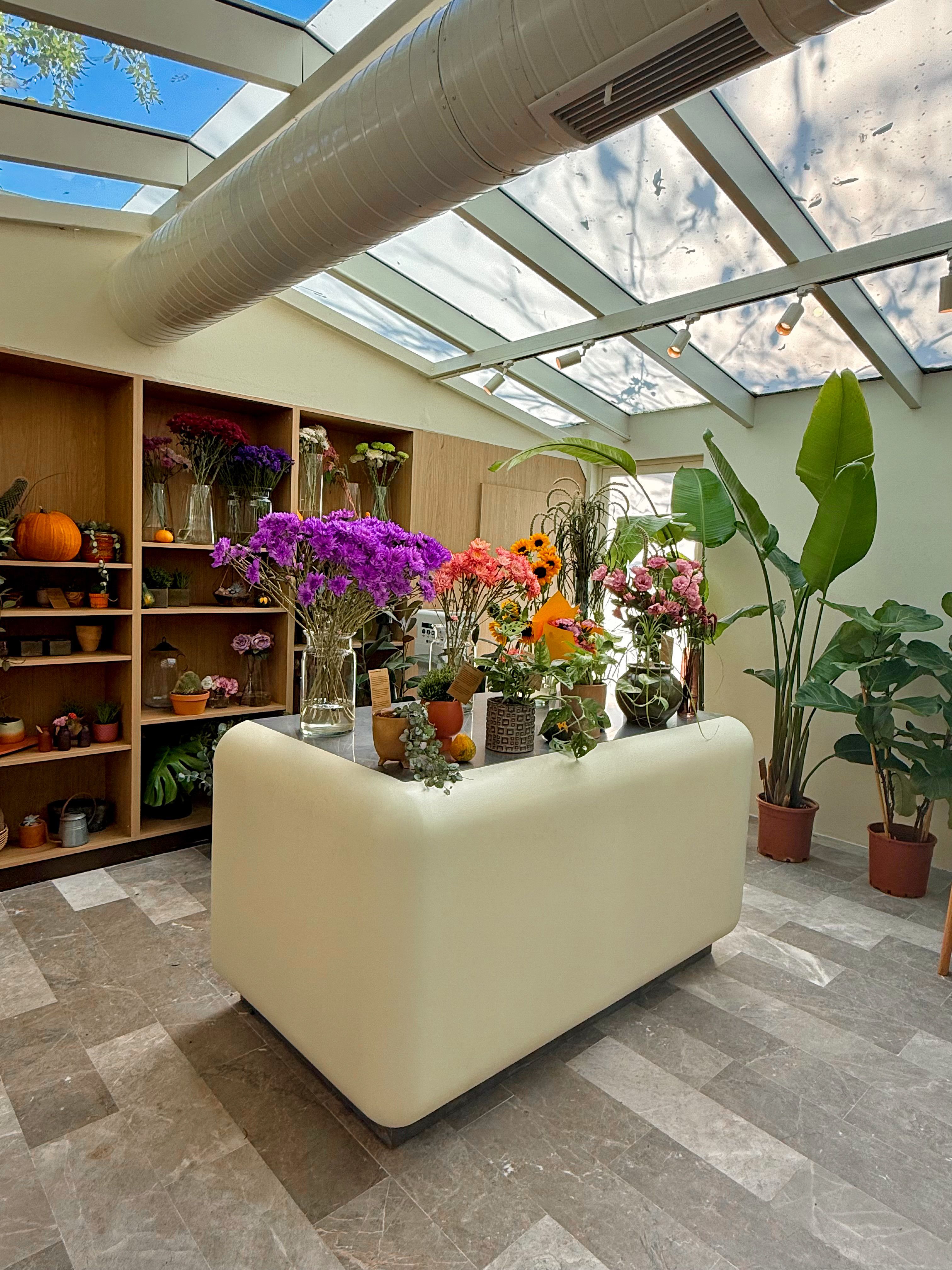Colorful flower arrangement in a sunlit shop with large glass ceiling.
