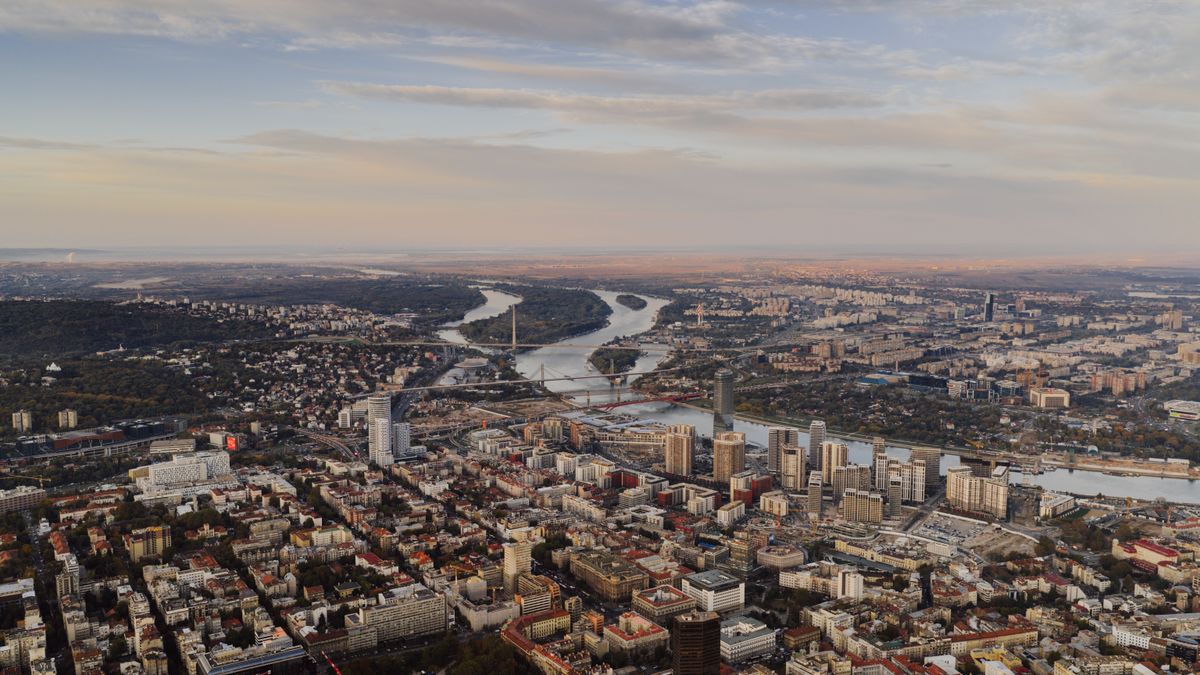 Belgrade cityscape and Sava river bridges at golden hour