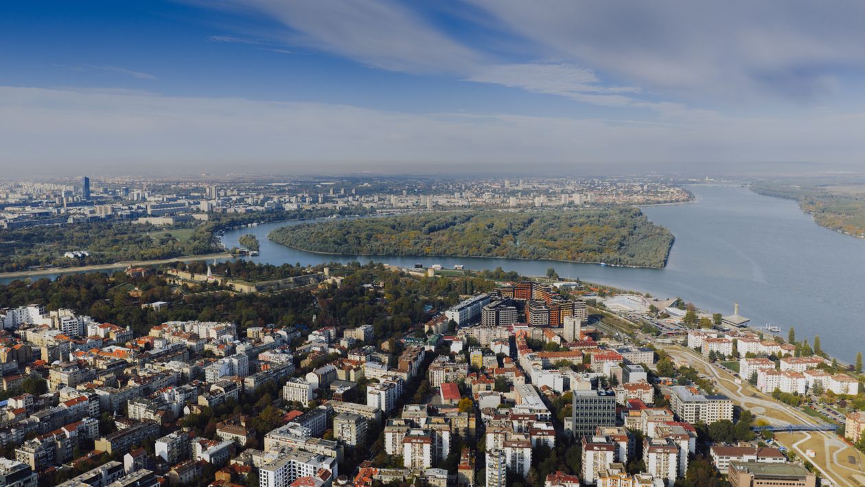 Stunning aerial shot of Belgrade Serbia showcasing the cityscape and Danube River