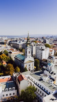 Stunning aerial view of Belgrade featuring the Saborna Church in a bustling urban landscape.