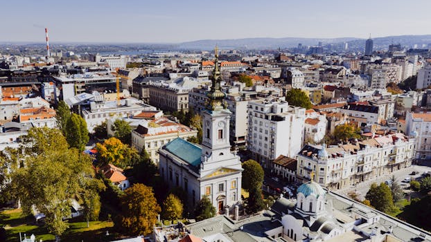 Stunning aerial view of Saborna Church amidst the urban landscape of Belgrade, Serbia.