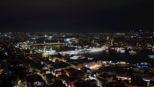Stunning aerial night view capturing the vibrant lights of Istanbul's cityscape and waterways.
