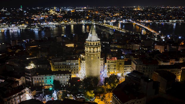 A stunning aerial view of the illuminated Galata Tower and surrounding cityscape in Istanbul at night.