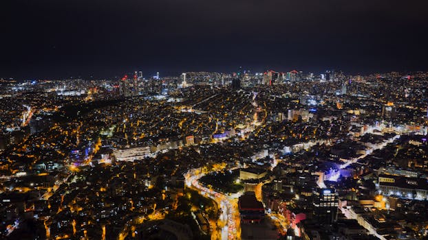 Explore Istanbul's dazzling cityscape at night, showcasing its vibrant urban life from above.