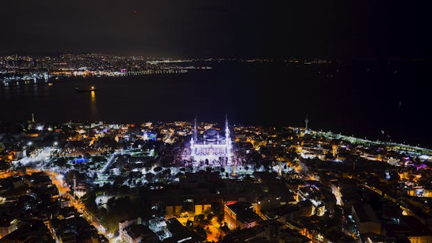 A stunning aerial night view of Istanbul, showcasing the illuminated Hagia Sophia and surrounding cityscape.