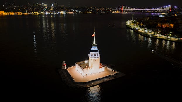 Majestic night view of Istanbul's Maiden's Tower, beautifully illuminated on the Bosphorus Strait.