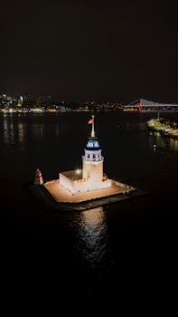 Captivating aerial view of Maiden's Tower illuminated at night with Istanbul skyline in the background.