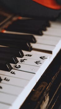 A detailed shot of piano keys labeled with musical notes, showcasing a vintage aesthetic.