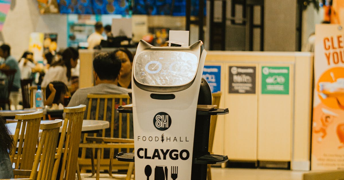 Innovative robot assisting with tray returns in bustling urban food court.