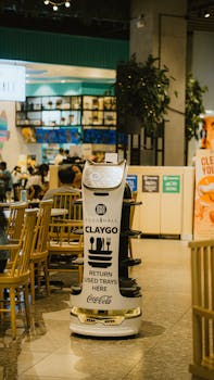 Innovative robot assisting with tray returns in bustling urban food court.