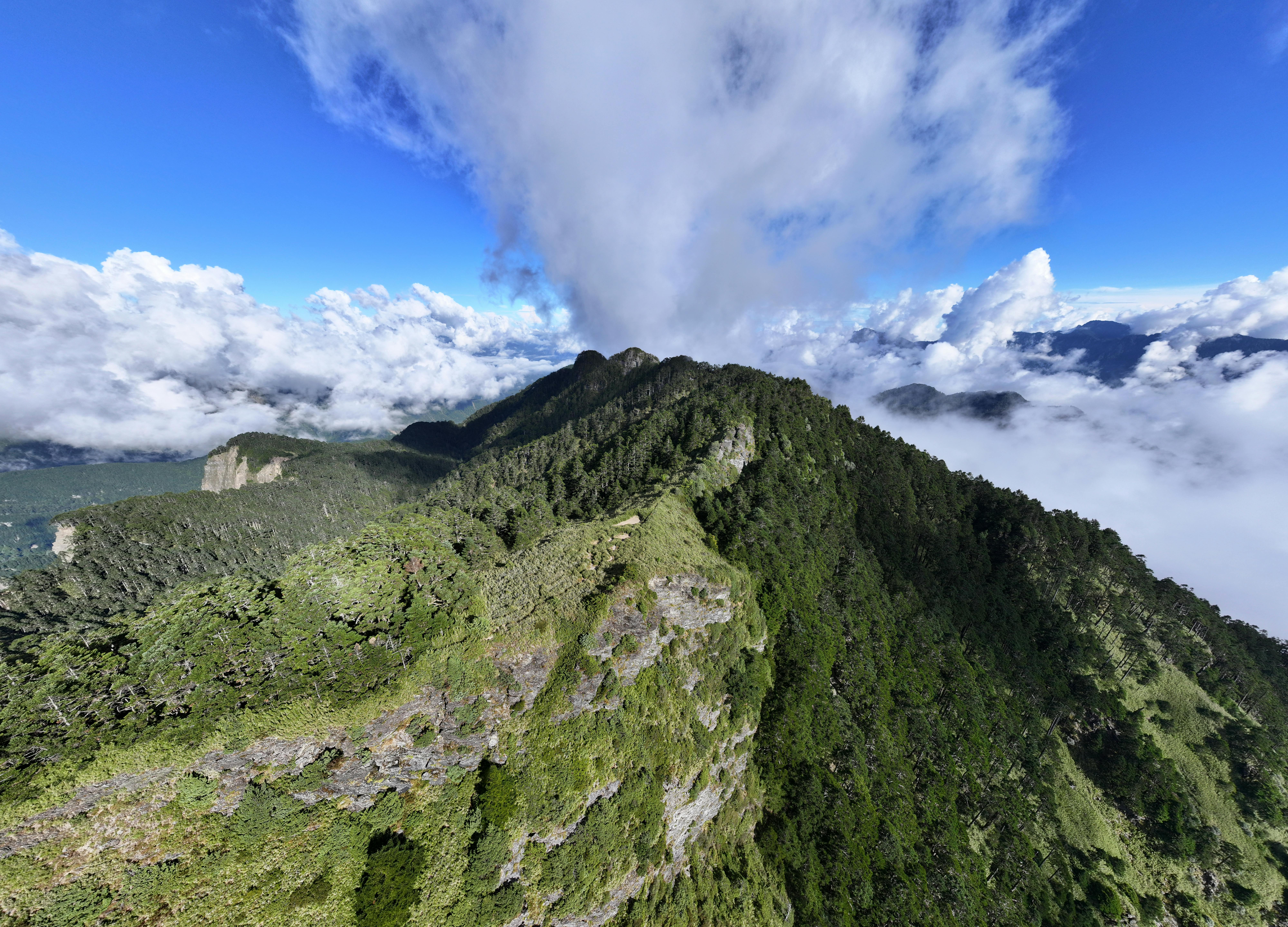 A stunning aerial view of Taiwan's lush mountain peaks surrounded by clouds and a vibrant blue sky