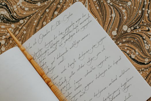 A beautifully written calligraphy page with an intricate marbled background and a carved wooden pen.