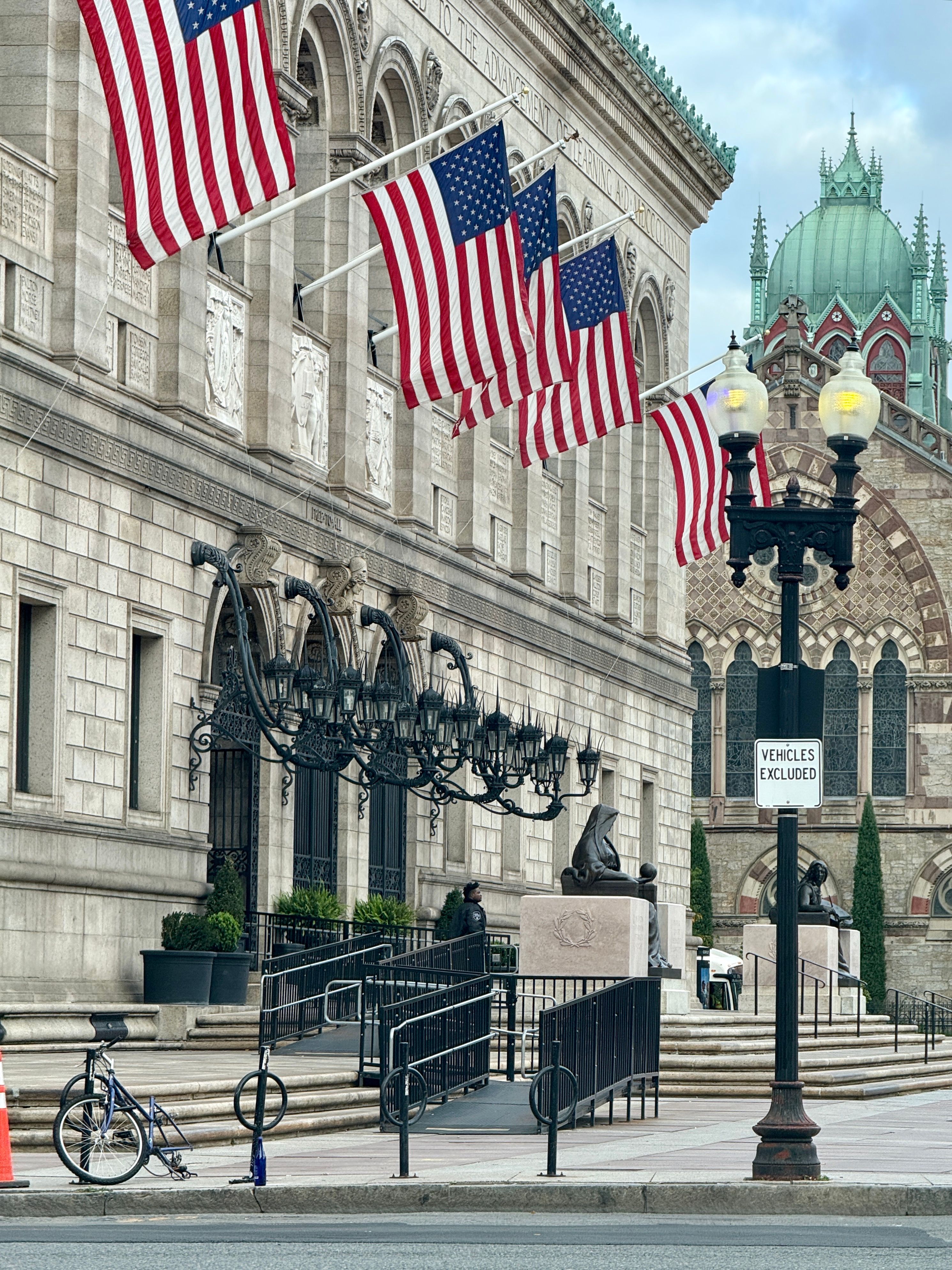 Historic Boston Library with American Flags · Free Stock Photo