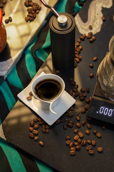 Flat lay of a coffee setup featuring a grinder, cup of coffee, and scale on a table with scattered beans.
