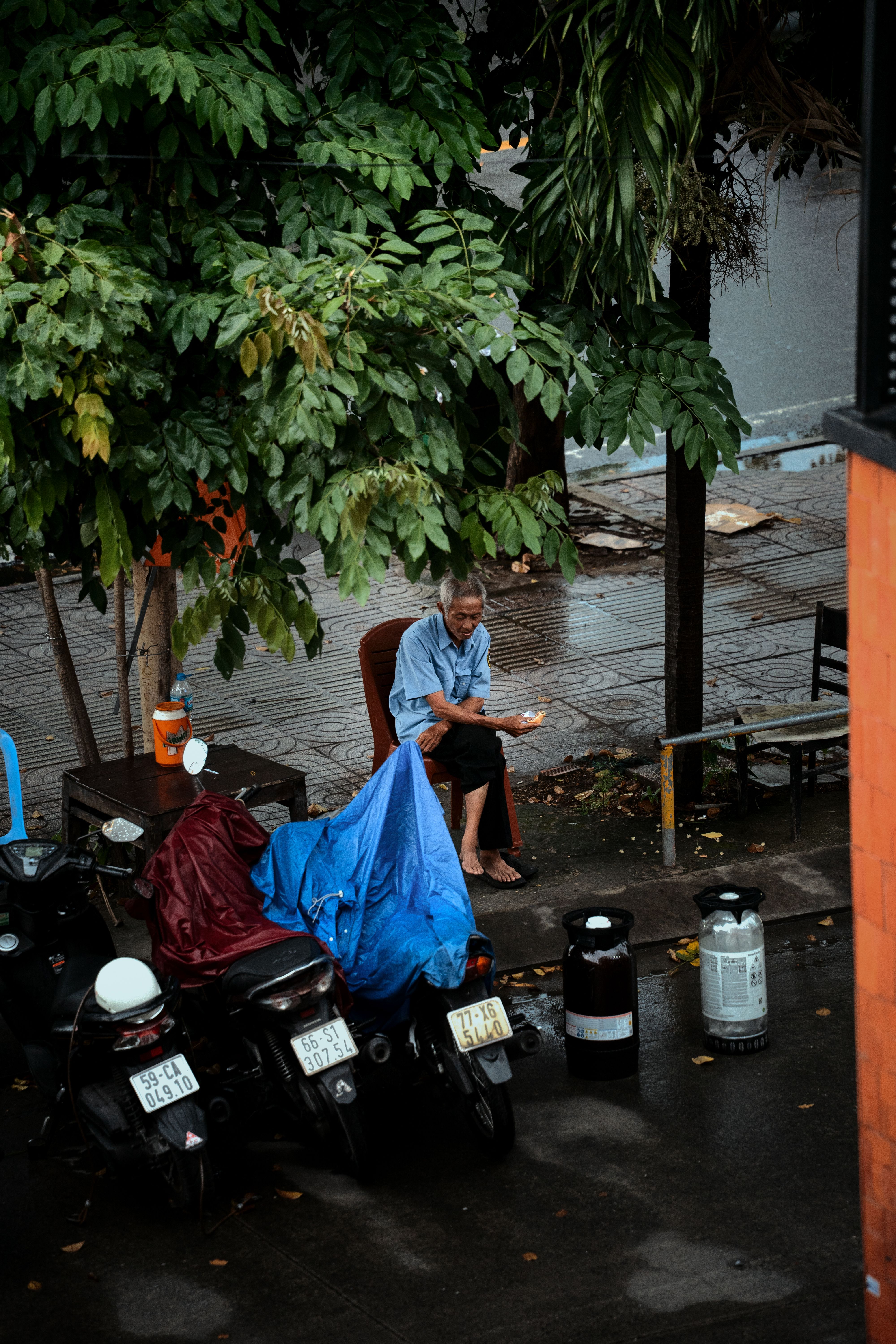 Street View of Man Sitting Under Tree in Rain · Free Stock Photo