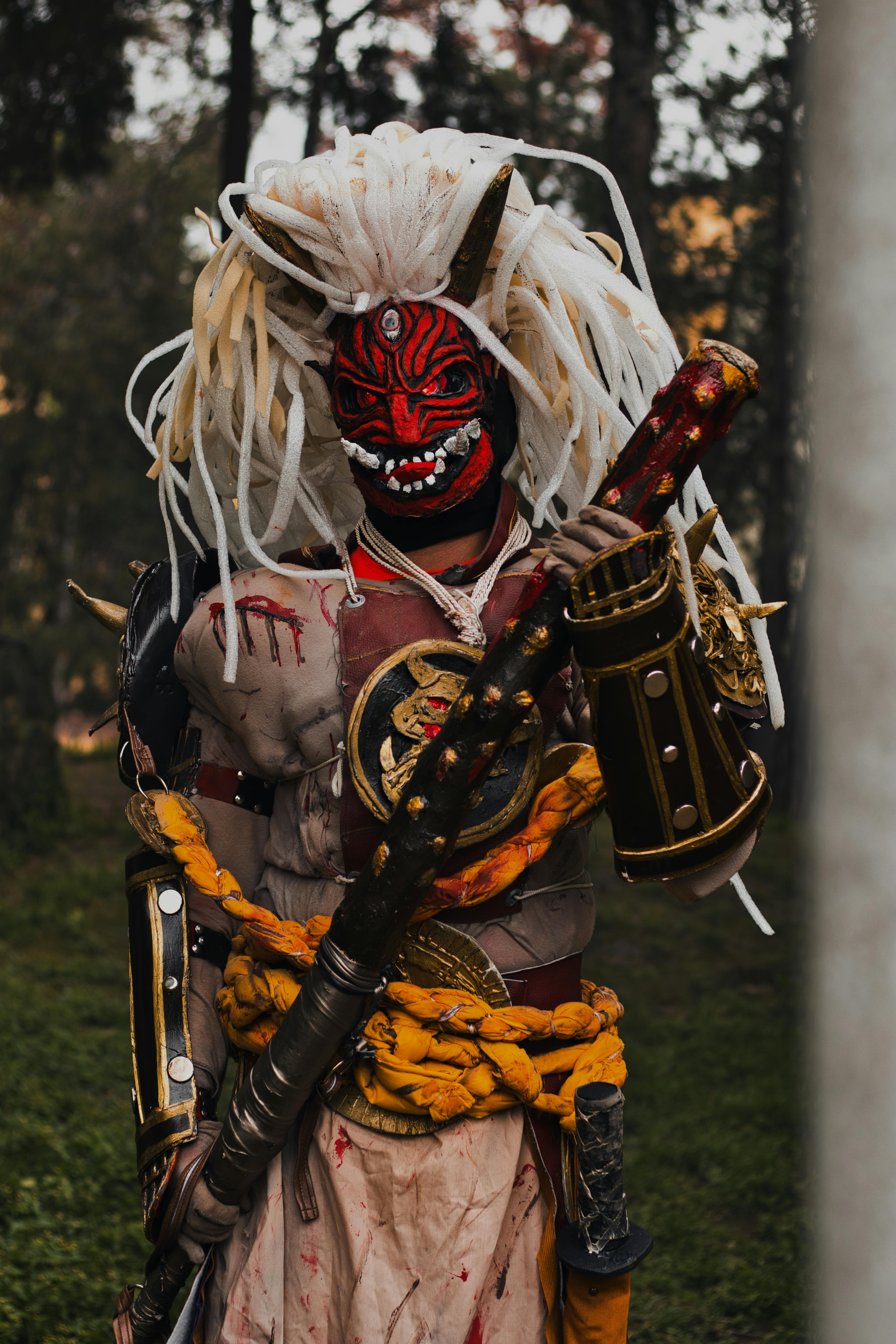 Samurai Warrior in Traditional Mask and Armor Outdoors · Free